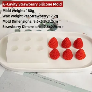 Detailed view of 6-cavity strawberry silicone mold with dimensions and wax requirements
