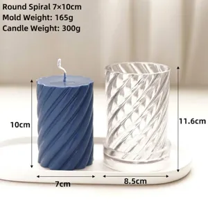 Detail view of round spiral candle mold with precise size and weight specifications.