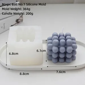 Detailed view of 3D bubble cube silicone candle mold with finished product dimensions
