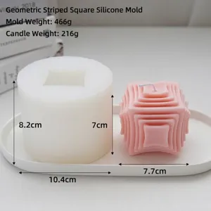 Detailed dimensions of geometric striped square candle silicone mold and pink candle