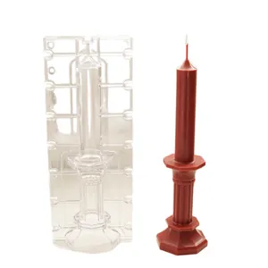 DIY octagonal tower candlestick plastic candle mold with finished red wax sample