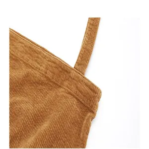 Close-up detail of durable corduroy fabric and shoulder strap stitching on brown tote bag