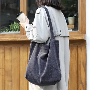 Large vintage corduroy shoulder bag in charcoal grey with vertical rib texture