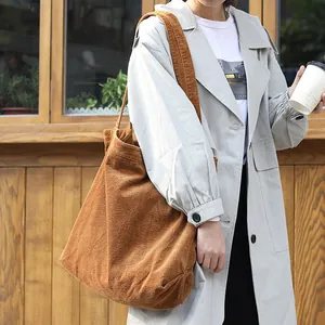 Large camel corduroy tote bag for women in casual retro style with a soft texture
