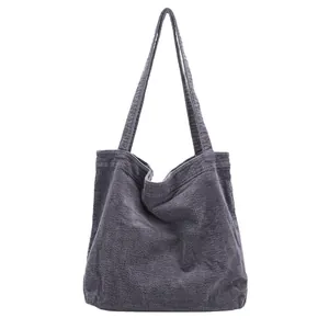 Large capacity grey corduroy tote bag with vintage minimalist shoulder strap design