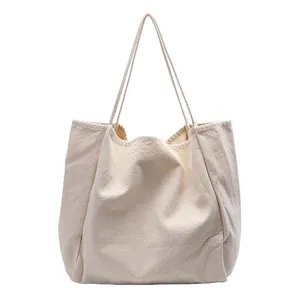 Large capacity vintage washed canvas tote bag in minimalist cream white