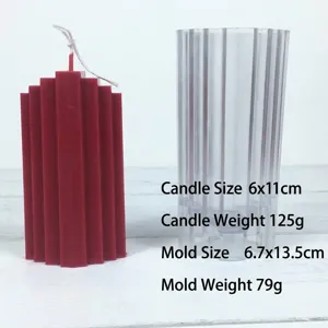 Detailed view of a grooved pillar candle mold with a finished red candle sample