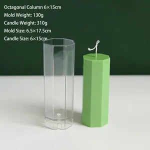 Vista detallada de un molde octogonal para velas DIY con vela verde y medidas mostradas