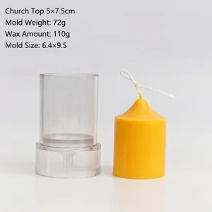 Detail showing transparent church head cylinder candle mold and a finished yellow candle