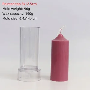 Close-up detail of the cylindrical church top candle mold and finished purple wax candle