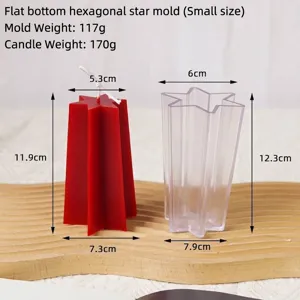 Comprehensive dimension guide for hexagonal star candle mold and finished red wax candle