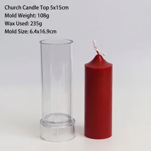 Professional transparent acrylic candle mold shown with a finished red pillar candle