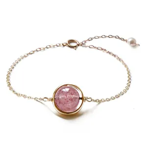 Elegant minimalist strawberry quartz bracelet with gold chain and a pearl accent