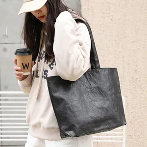 Minimalist black crinkled DuPont paper tote bag for women vintage casual shoulder bag
