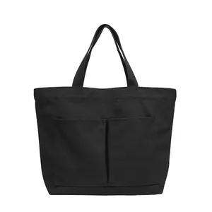 Vielseitige schwarze Canvas-Einkaufstasche mit Vordertaschen und großem Fassungsvermögen