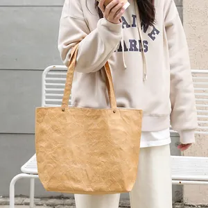 Fashionable retro wrinkled DuPont paper tote bag with minimalist aesthetic shoulder strap