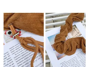 Detail shot of vintage brown corduroy crossbody bag with durable drawstring closure