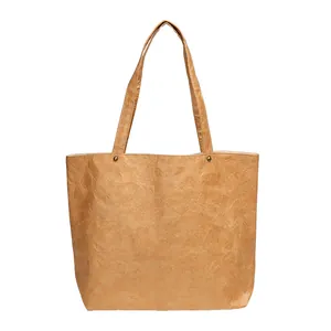 Stylish vintage crinkled Dupont paper tote bag in tan brown with elegant shoulder straps