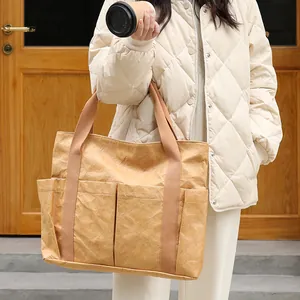Vintage ρετρό τσάντα tote από χαρτί DuPont με πλυμένη υφή και μεγάλες μπροστινές τσέπες