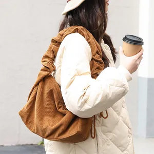 Japanese Retro Corduroy Shoulder Bag For Women Ruffle Drawstring Large Capacity Crossbody Bag Casual Artistic Tote Bag