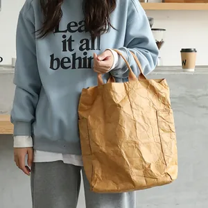 Vintage Japanese style washed kraft paper tote bag in casual brown crinkled finish