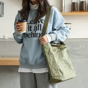 Vintage Japanese style DuPont paper shoulder bag for women with a unique wrinkled texture