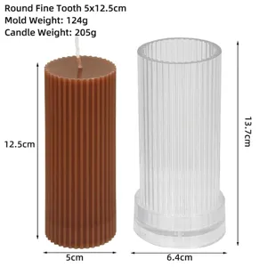 Cylindrical fine-tooth DIY candle mold with height and weight measurement details.