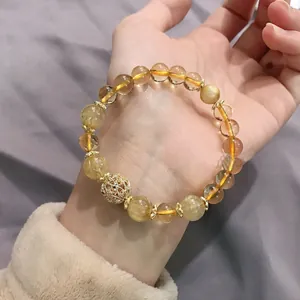 Pulsera de Cuentas de Citrino y Cuarzo Rutilado Dorado de Diseño de Nicho para Mujer Joyería de Cuerda de Mano de Cristal Pulido Pulsera Retro Regalo