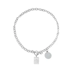 Stylish silver chain necklace with engraved rectangular and circular charms for women