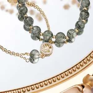 Elegant green rutilated quartz bead bracelet with gold hollow tree of life pendant charm