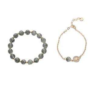 Elegant green rutilated quartz bead bracelet and Tree of Life charm gold chain set