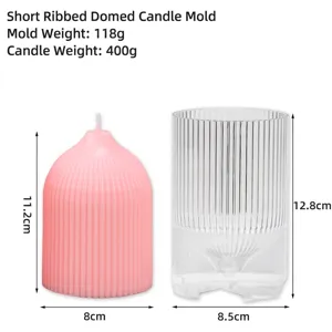 Detail view of a ribbed dome candle mold and pink wax candle with precise dimensions