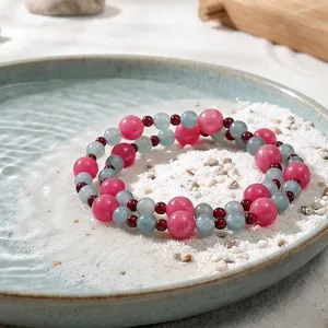 Zweireihiges Perlenarmband mit natürlichem rosa Chalcedon und rotem Granat für Damen