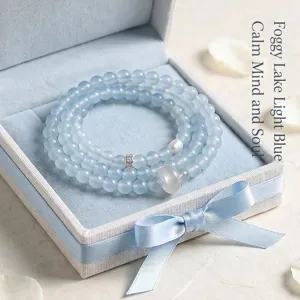 Elegant light blue chalcedony beaded bracelet in a matching ribbon gift box