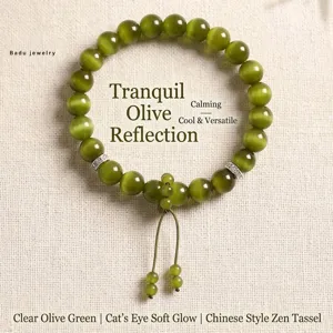 Zen Style Olive Green Cat Eye Beaded Bracelet For Women New Chinese Vintage Alloy Rhinestone Tassel Hand Jewelry Gift Bracelet