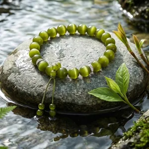 Elegant olive green cat-eye beaded bracelet on a natural mossy rock by flowing water