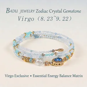 Elegant Virgo zodiac bracelet with natural blue crystals and golden beaded multi-layers.