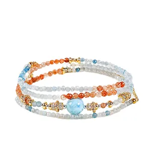 Elegant multi-layer natural stone bracelet with aquamarine and sunstone beads for women