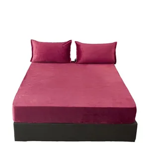 Luxury wine red crystal velvet fitted sheet set including two pillowcases, soft 3-piece