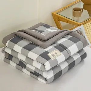 Washed Cotton Summer Quilt Breathable Soybean Fiber Comforter Checkered Pattern Lightweight Thin Blanket For Home Office