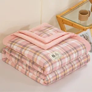 Soft washable cotton summer quilt with pink and yellow plaid pattern for cozy bedroom