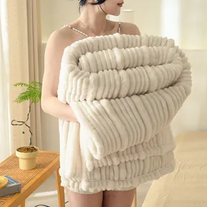 Soft Flannel Milk Velvet Blanket For Sofa Bed Office Nap 3D Stripe Polyester Warm Cozy Thickened Throw Blanket Home Bedding Decor