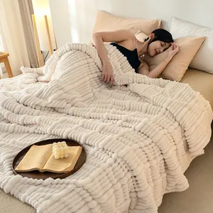 Luxurious soft cream flannel ribbed blanket perfect for home bedding or office napping use