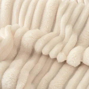 Premium soft cream ribbed flannel throw blanket with cozy plush milk velvet texture detail