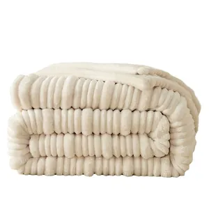 Soft cream-colored flannel blanket with thick textured stripe pattern for home or office