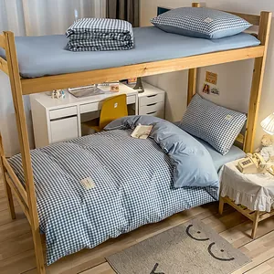 Juego de cama de 3 piezas de algodón lavado a cuadros azules de estilo japonés