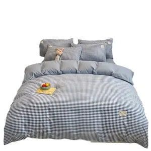 Juego de cama de 3 piezas estilo japonés de cuadros azules en algodón lavado suave