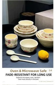 Detailed macro view of cute bear and carousel illustrations on a ceramic tableware set.
