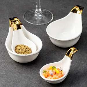 Modern Ceramic Caviar Dish Bird Head Handle Gold Electroplated Sauce Dish Appetizer Plate For Mustard Vinegar Seasoning Kitchenware