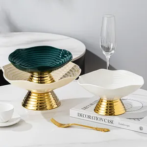 Modern luxury ceramic fruit bowl with gold pedestal base for elegant home living room decor